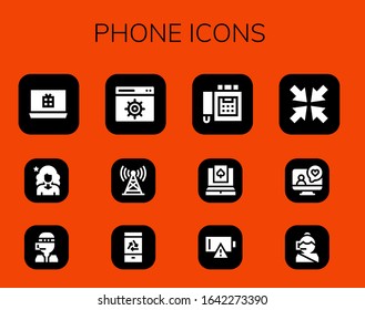 phone icon set. 12 filled phone icons.  Simple modern icons such as: Laptop, Influencer, Call center, Settings, Tower, Mobile, Fax, Empty battery, Minimize, Videocall