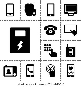 Phone icon. set of 13 filled phone icons such as finger on tablet, touchscreen, display, intercom, battery, support