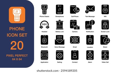 Phone icon set with 20 icons suitable for web and mobile applications, design projects, infographics, and presentations.