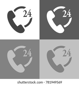 Phone icon set 24 hours support. Handset vector illustration icon on white-grey-black color.