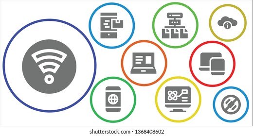 phone icon set. 9 filled phone icons.  Simple modern icons about  - Wifi, Smartphone, Network, Computer, Laptop, Responsive, Cloud, No phone