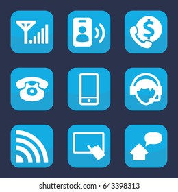 Phone icon. set of 9 filled phone icons such as finger on tablet, operator, home message, call, mobile signal, bank support