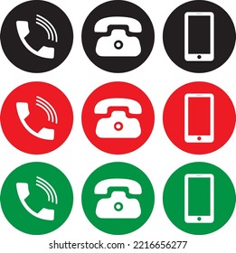 Phone Icon Set Black, Red, Green Vector Illustration. Call, Smartphone, Iphone, IOS, Telephone