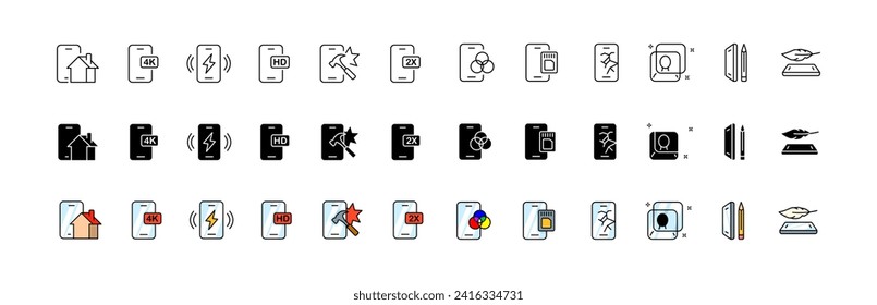 Juego de iconos de teléfono. Botones de teléfono. Lineal, silueta y plano. Iconos del vector