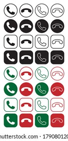 Juego de iconos de teléfono. Llamar a la colección de símbolos de la aplicación. Botón redondo y cuadrado. Señal de interfaz plana. Forma simple del logotipo del teléfono antiguo. Aislado sobre fondo blanco. Imagen de la ilustración del vector.