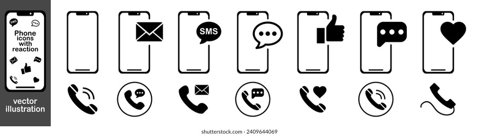 Phone icon set. Chat bubble icon. Ringing phone simple icon set. Smartphone ringing.