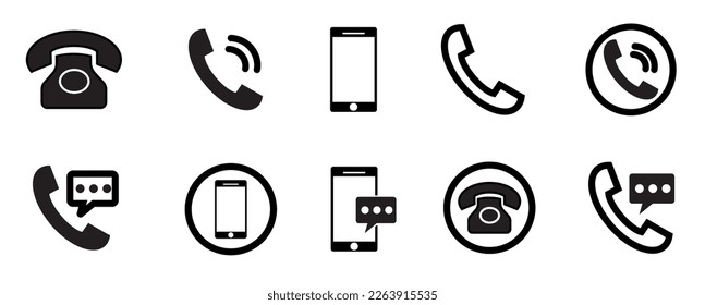 Phone icon set. Chat icon. Contact icon phone mobile call. Contact us. Telephone call sign. Contact us symbol. Cell phone pictogram. Vector illustration phone icon set, Telephone call sign