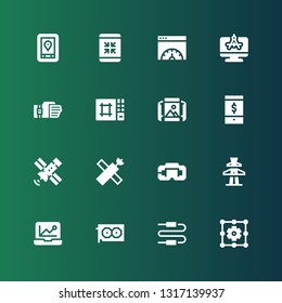 phone icon set. Collection of 16 filled phone icons included Settings, Connector, Graphic card, Analytics, Antenna, Virtual reality, Satellite, Smartphone, Panoramic view, Editor
