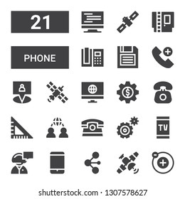 phone icon set. Collection of 21 filled phone icons included Electron, Satellite, Network, Smartphone, Secretary, Settings, Phone, Set square, Telephone, Screen, Gps, Emergency call