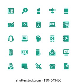 phone icon set. Collection of 25 filled phone icons included Analytics, Telephone, Satellite, Responsive, Nurse, Computer, Mail, Mobile, Address book, Voice recognition, Cloud