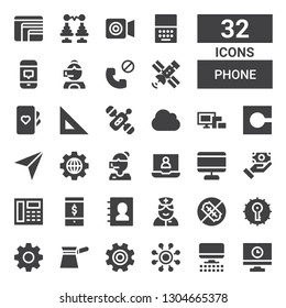 phone icon set. Collection of 32 filled phone icons included Computer, Network, Setting, Filter, Settings, No weapons, Nurse, Phone book, Smartphone, Telephone, Payment method