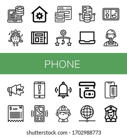phone icon set. Collection of Analytics, Listening, House automation, Ebook, Responsive, Mobile, Cloud computing, Laptop, Navigator, Customer service, Advertising, Bill icons