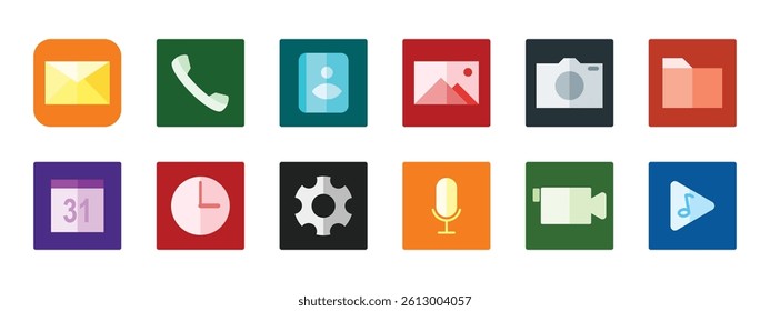 Phone icon set. Contact icons. Vector Illustration. Messages, contacts, calls, gallery, camera, calendar, settings, clock, music and video player.