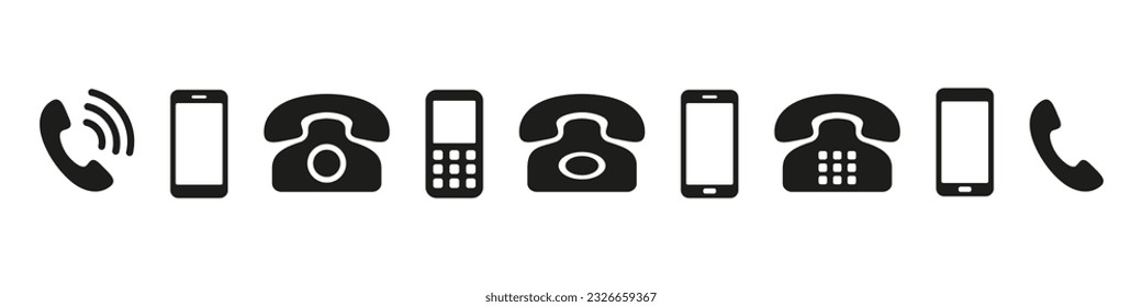 Phone icon set. Contact us sign. Contact info symbol. Vector telephone set. Handset symbol. Mobile icon isolated on white background.