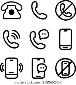 Conjunto de iconos de teléfono. Contáctenos símbolo. Signo de llamada telefónica. Teléfono celular, pictograma del teléfono que suena aislado en el fondo blanco. Ilustración vectorial.