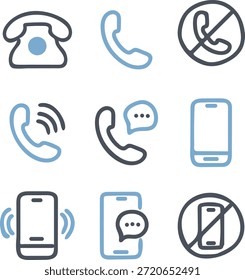 Conjunto de iconos de teléfono. Contáctenos símbolo. Signo de llamada telefónica. Teléfono celular, pictograma del teléfono que suena aislado en el fondo blanco. Ilustración vectorial.