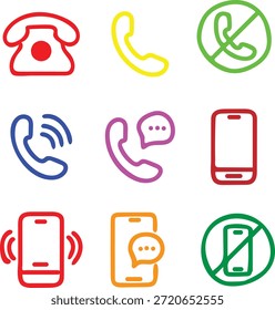 Conjunto de iconos de teléfono. Contáctenos símbolo. Signo de llamada telefónica. Teléfono celular, pictograma del teléfono que suena aislado en el fondo blanco. Ilustración vectorial.
