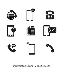 Phone icon set. Containing mobile, calling, contact, message, communication, call, cellular, vibrate, and more. Collection of telephone solid icons.