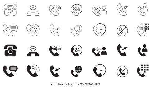 Phone icon set containing mobile, calling, contact, message, communication, call, cellular, vibrate, and more in a collection of telephone solid icons.