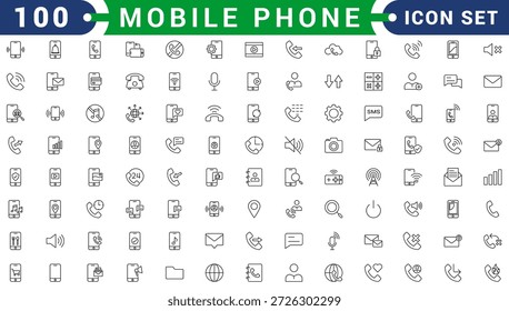 Conjunto de iconos de teléfono. Contiene móvil, llamadas, contacto, mensaje, comunicación, llamada, celular, vibrar y más. Colección de iconos sólidos telefónicos.