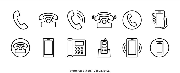 Phone icon set. Contains telephone button, ringing, smartphone, mobile device, call, cell phone, contact, office phone, landline. Telecommunication or communication symbol. Vector illustration