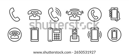 Phone icon set. Contains telephone button, ringing, smartphone, mobile device, call, cell phone, contact, office phone, landline. Telecommunication or communication symbol. Vector illustration