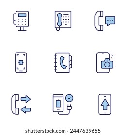 Phone icon set. Duo tone icon collection. Editable stroke, upload, call, focus, public phone, book, telephone, phone charger, camera.