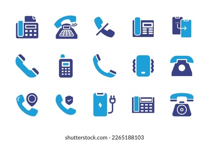 Phone icon set. Duotone color. Vector illustration. Containing fax, landline, no call, telephone, clone, mobile, phone vibration, old phone, protection, charging.