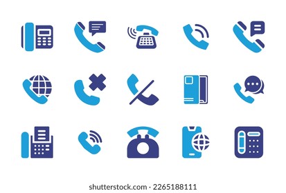 Phone icon set. Duotone color. Vector illustration. Containing fax, phone message, ring, phone call, talk, telephone, call missed, no call, phone case, voice mail, internet.