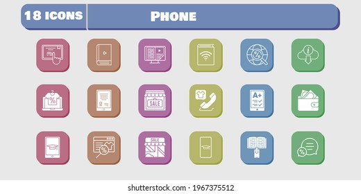 phone icon set. included audiobook, wallet, shop, touchscreen, student-smartphone, online shop, tablet, ereader, ebook icons on white background. linear, filled styles.