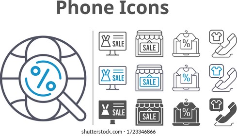 phone icon set included online shop, shop, phone call, internet icons