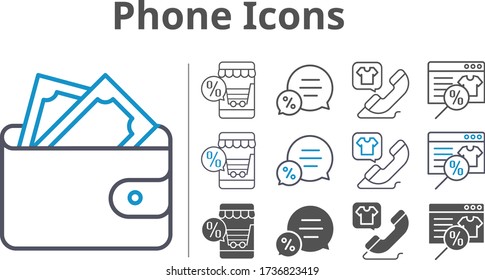 phone icon set included online shop, wallet, chat, phone call icons