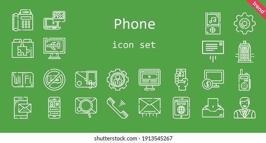 conjunto de iconos de teléfono. estilo de icono de línea. iconos relacionados con el teléfono como caja de policía, ajustes, wifi, smartphone, sin chat, teléfono, gps, mensaje, reproductor de música, tablet, computadora, walkie talkie, código qr
