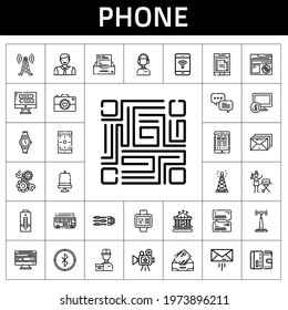phone icon set. line icon style. phone related icons such as antenna, bus, smartphone, delivery courier, customer service, battery, carousel, tablet, computer, notification bell, qr code