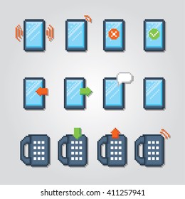 Phone icon set. Pixel art. Old school computer graphic style.