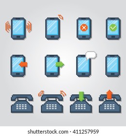 Phone icon set. Pixel art. Old school computer graphic style.