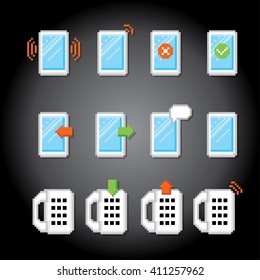 Phone icon set. Pixel art. Old school computer graphic style.