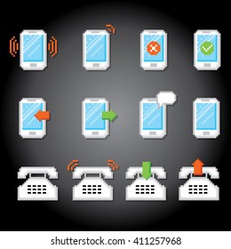 Phone icon set. Pixel art. Old school computer graphic style.