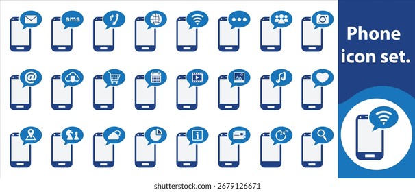 Telefonsymbolsatz. Telefon, Smartphone, Handy, Handy, Handy, Wählscheibe, Anruf, ankommend, abgehend, verpasst, Klingelton, Vibration, Stummschaltung, Tastatur, Taste, Touchscreen und mehr