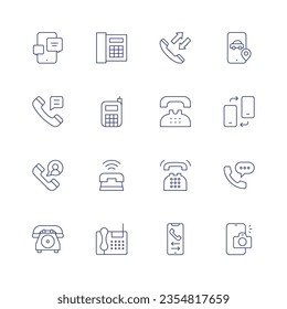 Phone icon set. Thin line icon. Editable stroke. Containing phone chat, telephone, phone, talk, changing, call, vote, camera.