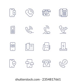 Juego de iconos de teléfono. Icono de línea delgada. Trazo editable. Con batería baja, llamada, teléfono, teléfono, teléfono antiguo, publicidad, interactividad, cargador, seguridad, chat.