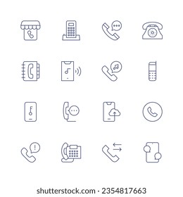 Phone icon set. Thin line icon. Editable stroke. Containing phone store, telephone, phone call, book, music, mobile phone, lock, uploading, emergency call, call log, chat.