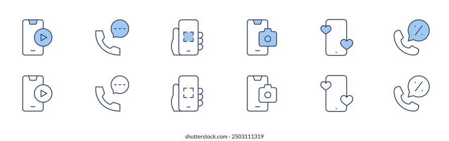 Phone icon set in two styles, Duotone and Thin Line style. Editable stroke. video player, phone call, camera, phone, interactivity.