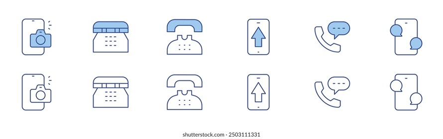 Phone icon set in two styles, Duotone and Thin Line style. Editable stroke. phone upload, camera, telephone, phone, chat.