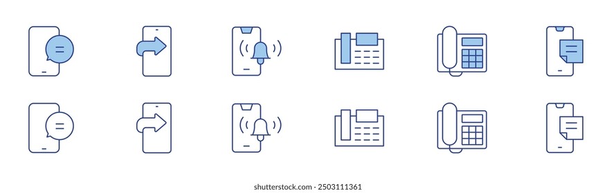 Phone icon set in two styles, Duotone and Thin Line style. Editable stroke. fax, landline, notes, phone, call back, notification bell.