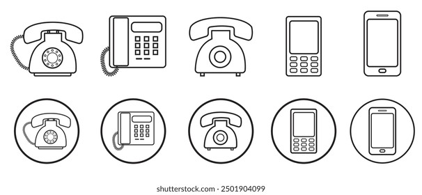 Phone icon set, vector, silhouette with stroke line. Telephone icon, vector set. Contact us, symbol, sign, logo vector. Cell phone pictogram communication icon. Vector illustration.