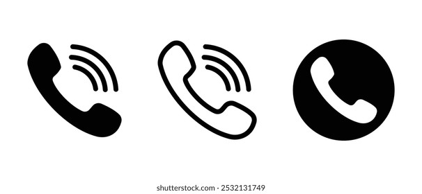 Conjunto de ícones do telefone, vetor, silhueta.  Ícone de comunicação do pictograma do telefone celular. Ícone de telefone, conjunto de vetores. Entre em contato conosco, símbolo, sinal, vetor de logotipo. Ilustração vetorial de celular, smartphone, telefone terrestre.