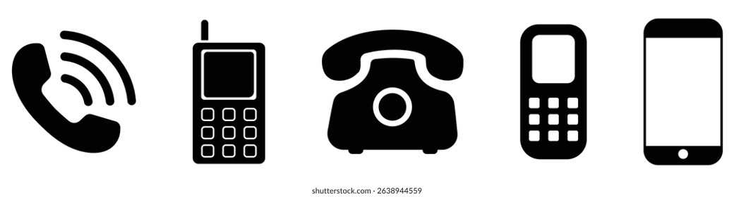 Phone icon set, vector. Telephone icon, vector set, silhouette. smartphone, land, keypad phone symbol collection. Cell phone pictogram communication icon. Vector illustration.