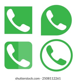 Conjunto de iconos de teléfono. Símbolo de auricular blanco. Cuatro fondos verdes. Formas redondeadas y cuadradas