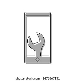 Phone icon with settings. Black line icon with gray shifted flat filled icon on white background. Illustration.